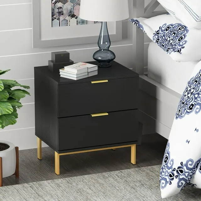 Hitow Night Stands Bedside Table, End Side Table with 2 Drawers and Metal Legs for Living Room Bedroom, Black