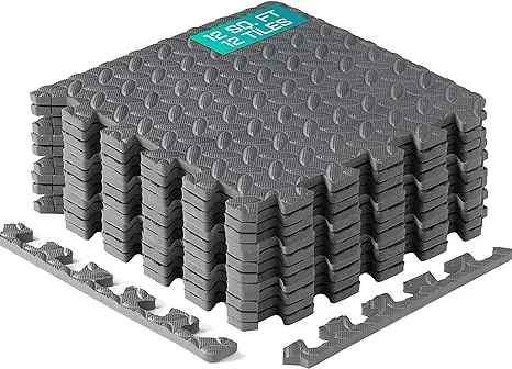 Yes4All 12 pcs Interlocking Exercise Foam Mats, Cover 12 sqft, 3/8 inch Thick, Gray Color