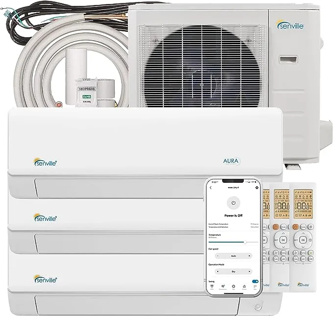 Senville 28000 BTU Tri Zone Mini Split Air Conditioner Heat Pump, SENA-30HF/T, Works with Alexa, White