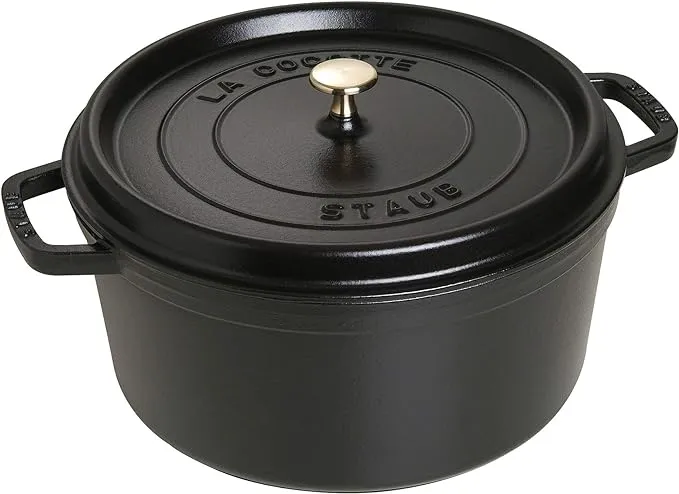 STAUB Cast Iron Dutch Oven 9-qt Round Cocotte, Made in France, Serves 9-10, Black Matte