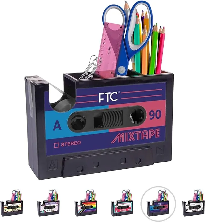 FTC Fun Cassette Tape Dispenser - Retro Office Supplies Holder - Vintage Desk Decor Accessories - 6.70" x 1.98" x 4.53" (Mix Tape)