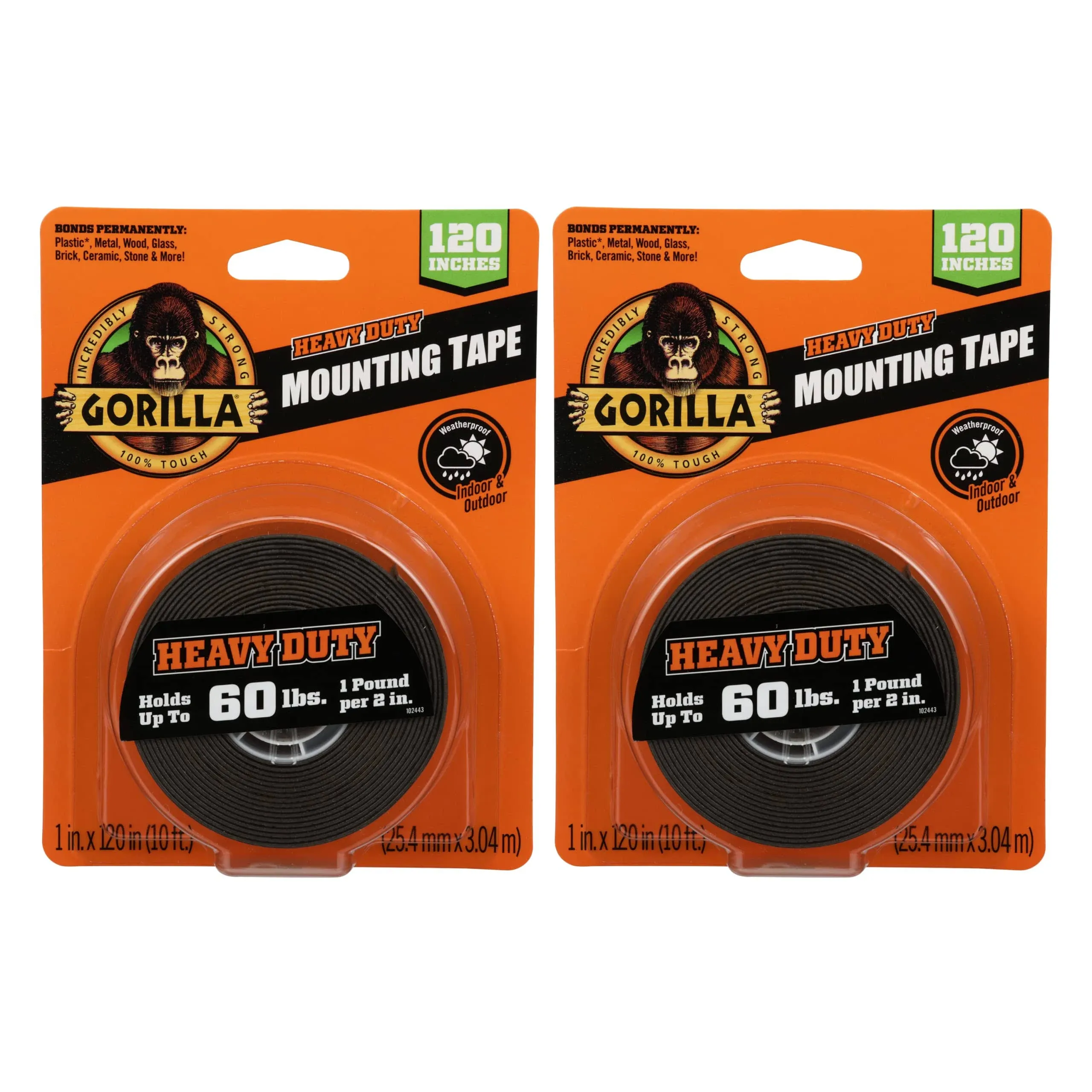 Gorilla Heavy Duty, Extra Long Double Sided Mounting Tape, 1 inch x 120 inch, Black, (Pack of 2)