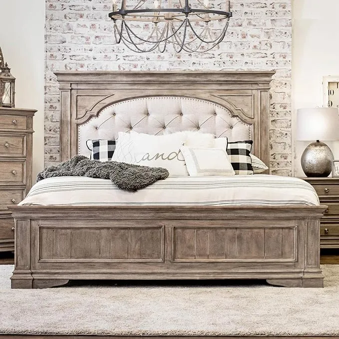 Steve Silver Highland Park Driftwood Gray Wood Upholstered Panel King Bed