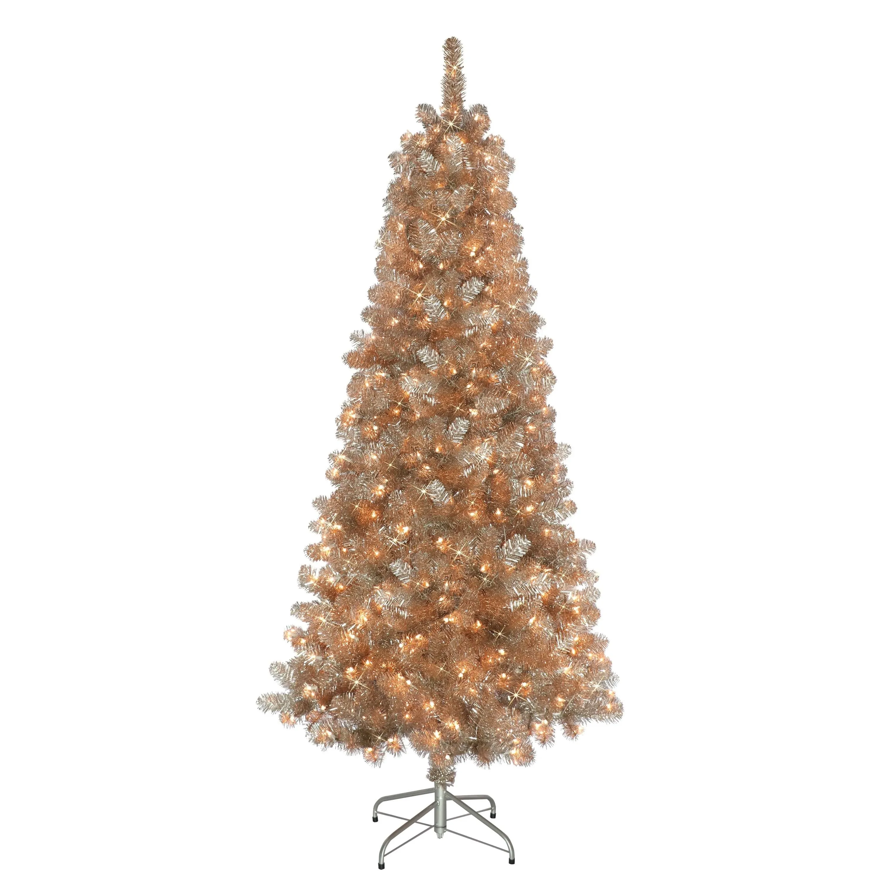 Puleo International Rose Gold Tinsel 6.5 ft. Pre-Lit Artificial Christmas Tree