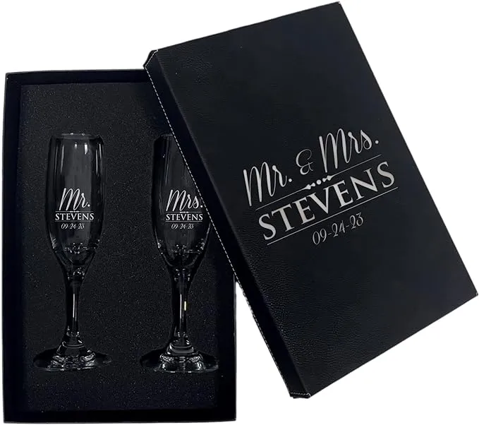 My Personal Memories, Set of 2 Mr and Mrs Personalized Champagne Wedding Toasting Flute Glasses - Engraved, Etched, Monogrammed, Customized