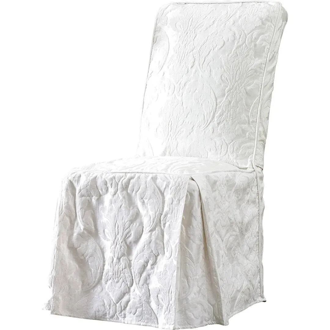 Matelasse Damask Long Dining Chair Slipcover - Full Length Relaxed Fit High Back