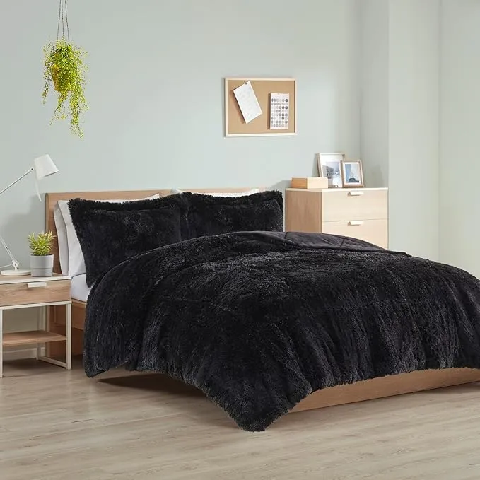 Intelligent Design Malea Shaggy Faux Fur Comforter Set, Black, King