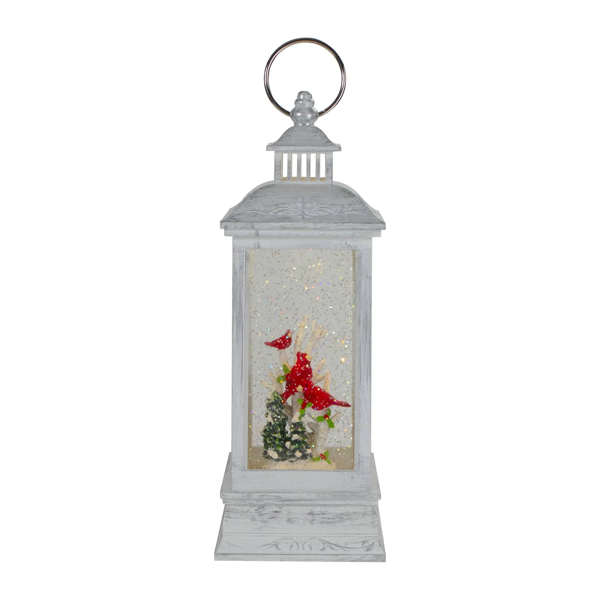 Northlight 11 White and Brushed Silver Christmas Cardinals Snow Globe Lantern