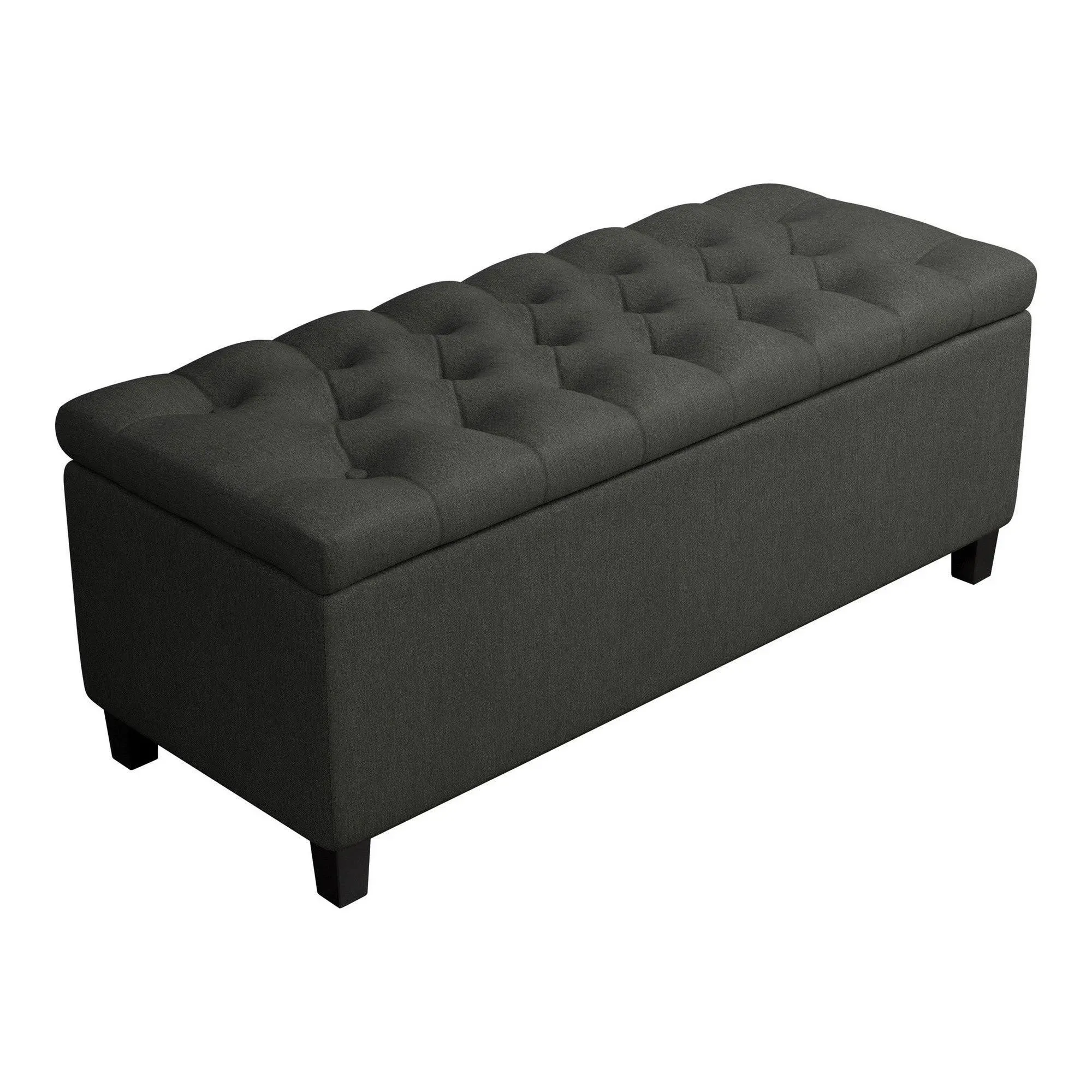 Benjara 44 inch Modern Lift Top Storage Bench, Button Tufted Seat, Charcoal Fabric