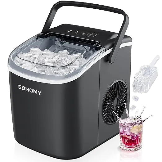 EUHOMY Countertop Ice Maker Machine with Handle, 26lbs in 24Hrs, 9 Ice Cubes Ready in 6 Mins, Auto-Cleaning Portable Ice Maker with Basket and Scoop, for Home/Kitchen/Camping/RV. (Silver)