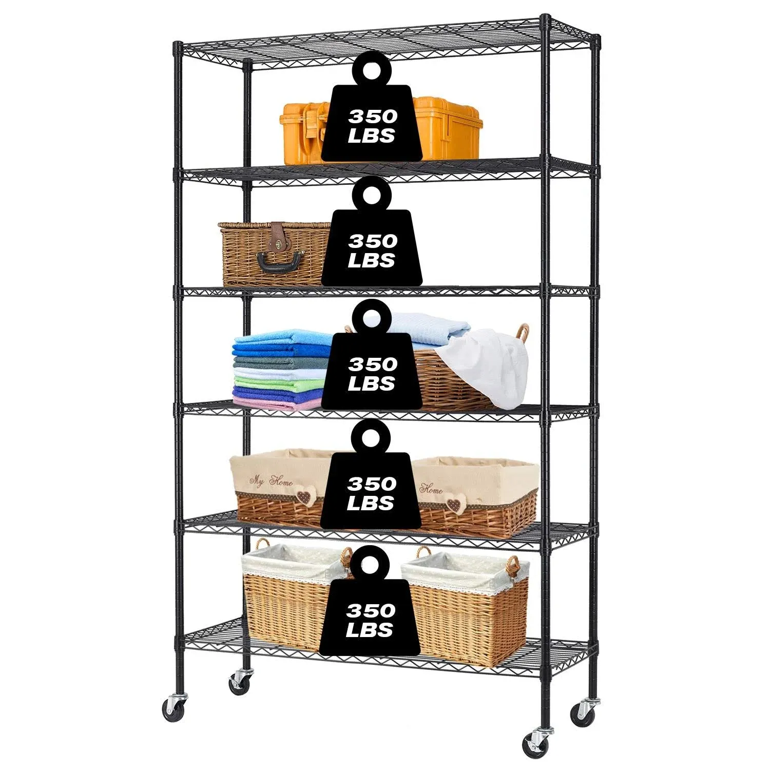 Adjustable Metal Rack w/ Casters - 6-Tier Commercial Wire Shelving (48