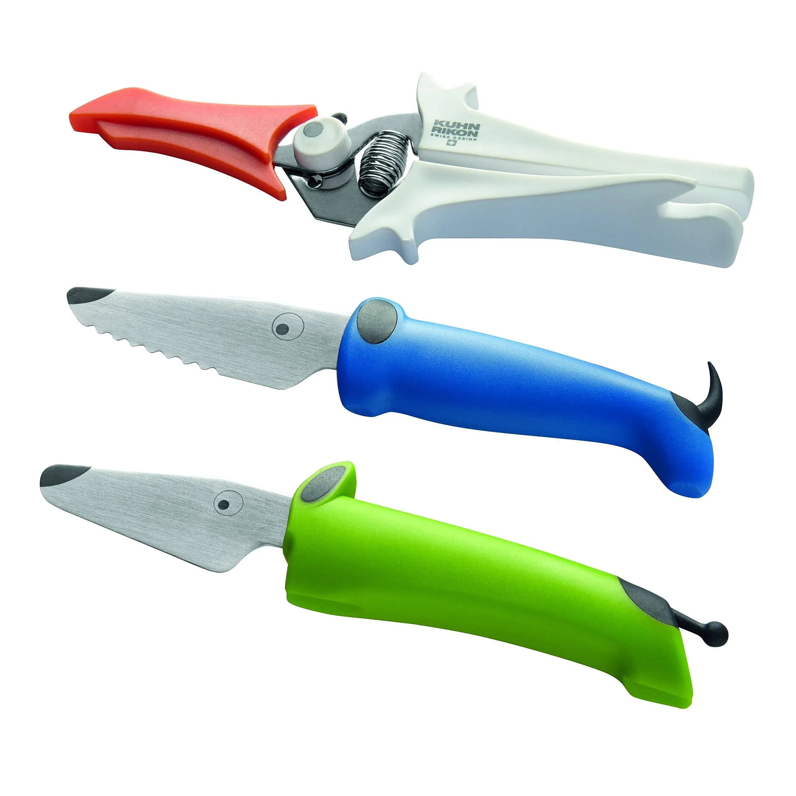 Kuhn Rikon KinderKitchen Children’s Knife, Set of 3 - Including Scissors, Green, Blue & White