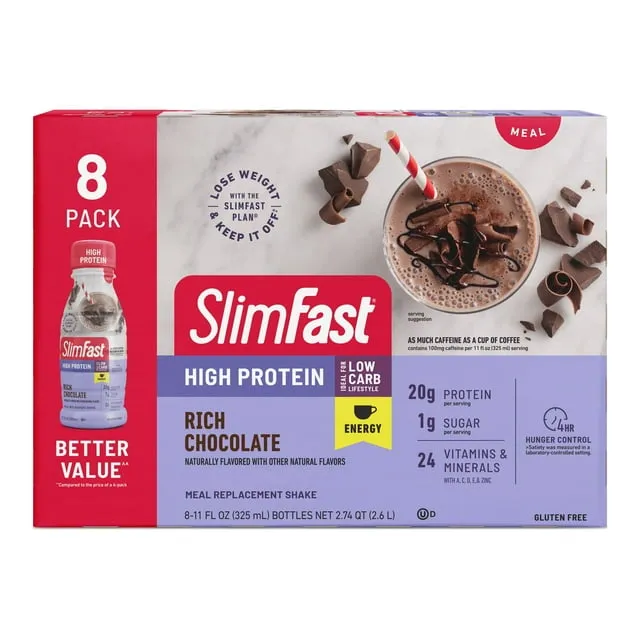 SlimFast High Protein with Energy, Meal Replacement Shakes, Rich Chocolate, 8 Ct