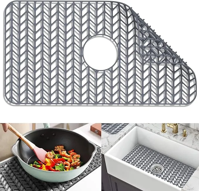 Sink Protectors for Kitchen Sink 16x12 & 18x12 & 19x13 & 24x12.5 & 26x14 & 28x14 & 29x15,Silicone kitchen sink mats protector for bottom of farmhouse sink(26"x14"Center Drain Gray)