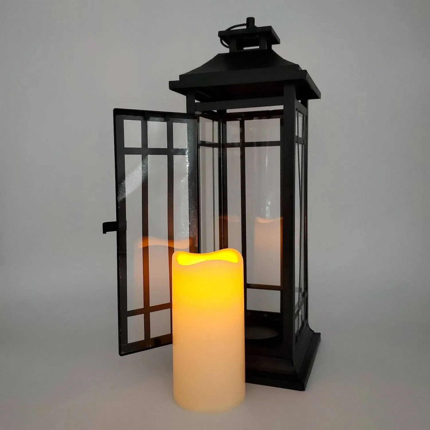 17" Black Window Battery-Operated Metal Lantern with LED Candle and Timer