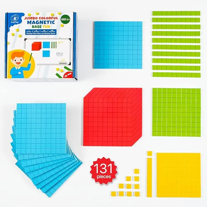 131 PCS Jumbo Magnetic Base Ten Blocks for Math - Place Value Blocks, Base 10 Math Manipulatives K-3, Number Blocks, Math Counters for Kids, Math Cubes, Counting Blocks, Kindergarten 1st 2nd 3rd Grade