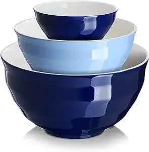 DOWAN Mixing bowls, 4.25/2/0.5 Qt Ceramic Mixing Bowls for Kitchen, Large Salad Serving Bowls, Nesting Mixing Bowls Set, Microwave Safe, Blue