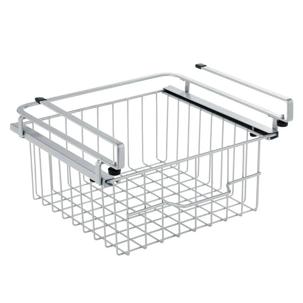 mDesign Compact Hanging Pullout Drawer Basket - Sliding Shelf Organizer - Silver