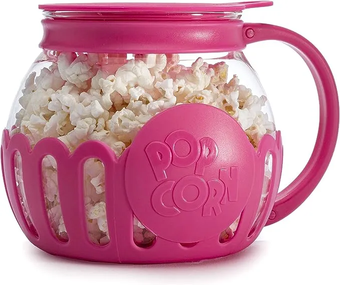 Ecolution Patented Micro-Pop Microwave Popcorn Popper with Temperature Safe Glass, 3-in-1 Lid Measures Kernels and Melts Butter, Made Without BPA, Dishwasher Safe, 1.5-Quart, Red