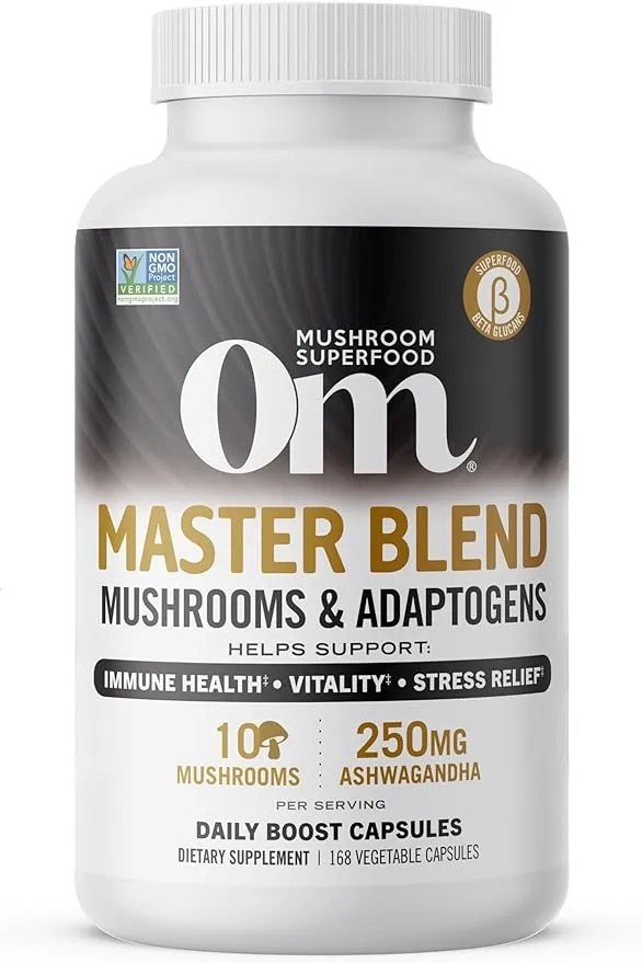 OM Mushroom Superfood Master Blend Mushrooms & Adaptogens, Capsules Supplement, 168 Count, 56 Servings, 10 Mushroom Complex, Adaptogens for Immune Health, Vitality, Stress Relief