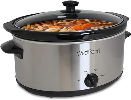 West Bend Manual Crockery Slow Cooker with Oval Ceramic Cooking Vessel and Glass Lid Certified, 6-Quart, Silver