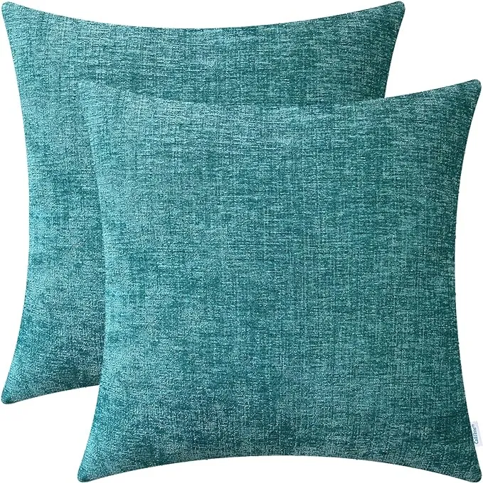 CaliTime Pack of 2 Cozy Throw Pillow Covers Cases for Couch Sofa Home Decoration Solid Dyed Soft Chenille 22 X 22 Inches Teal