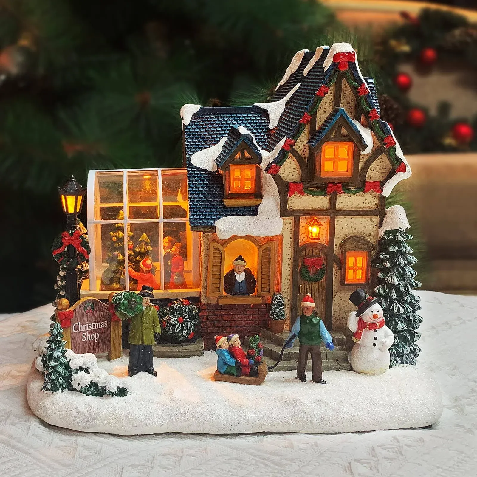  Christmas Village Building, Christmas Shop with Snowman, LED Lights and Music 