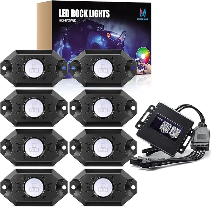 MICTUNING 2nd-Gen RGB LED Rock Lights with Bluetooth Controller, Timing Function, Music Mode - 8 Pods Multicolor Neon LED Light KitMICTUNING 2nd-Gen RGB LED Rock Lights with Bluetooth…