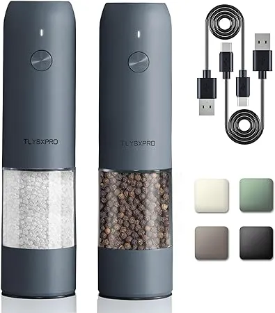 TLYSXPRO Electric Salt and Pepper Grinder Set with USB Rechargeable, Automatic One Hand Operation with Adjustable Coarseness, Pepper Mill Grinder Ref