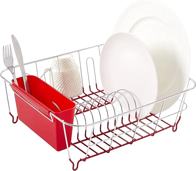 Sweet Home Collection Metal 2 Piece Dish Drying Rack Set Drainer with Utensil Holder Simple Easy to Use Fits in Most Sinks, 14.5" x 13" x 5.25", Red