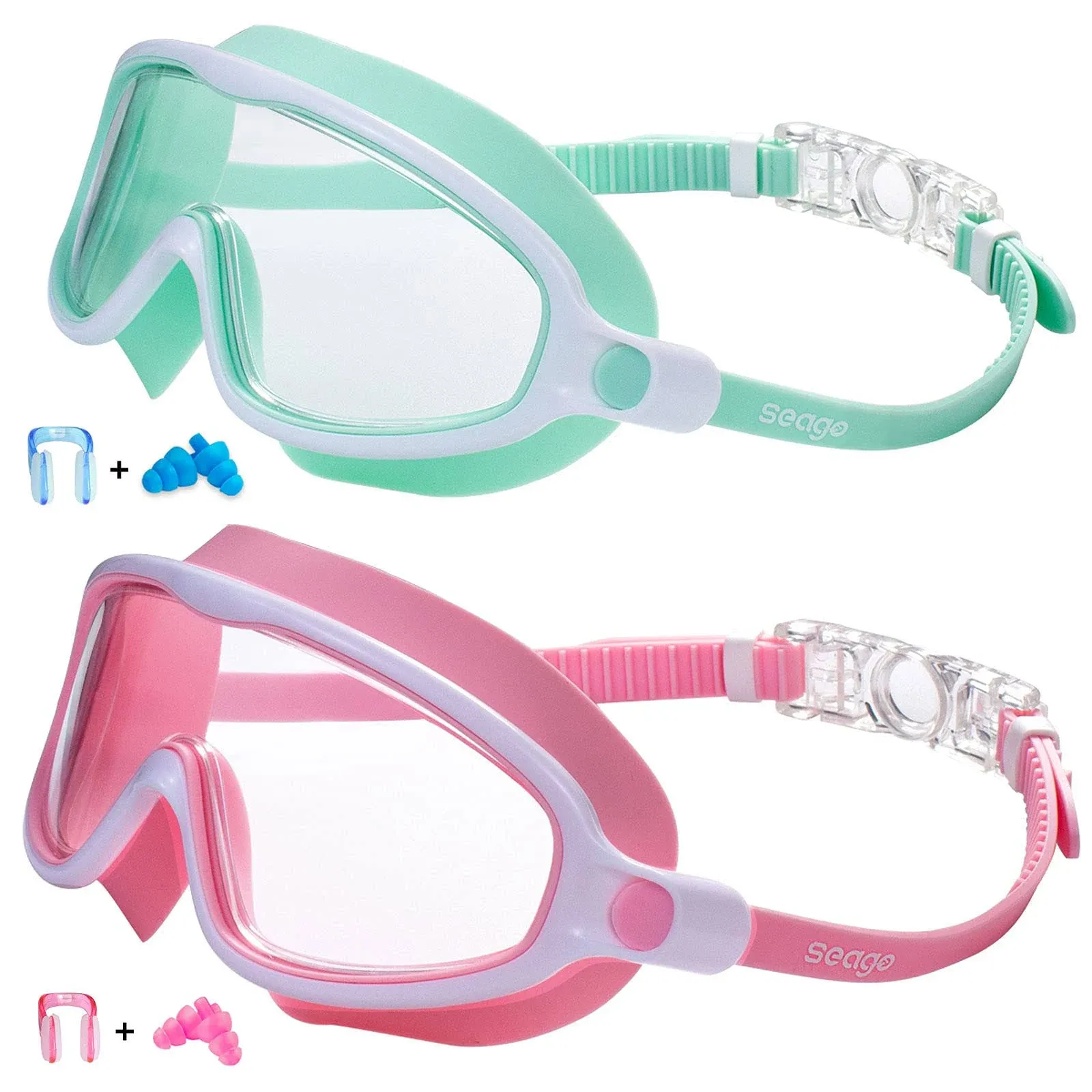 Seago Swim Goggles 2 Pack Anti-Fog Anti-UV Wide View Swimming Goggles for Kids 3-15