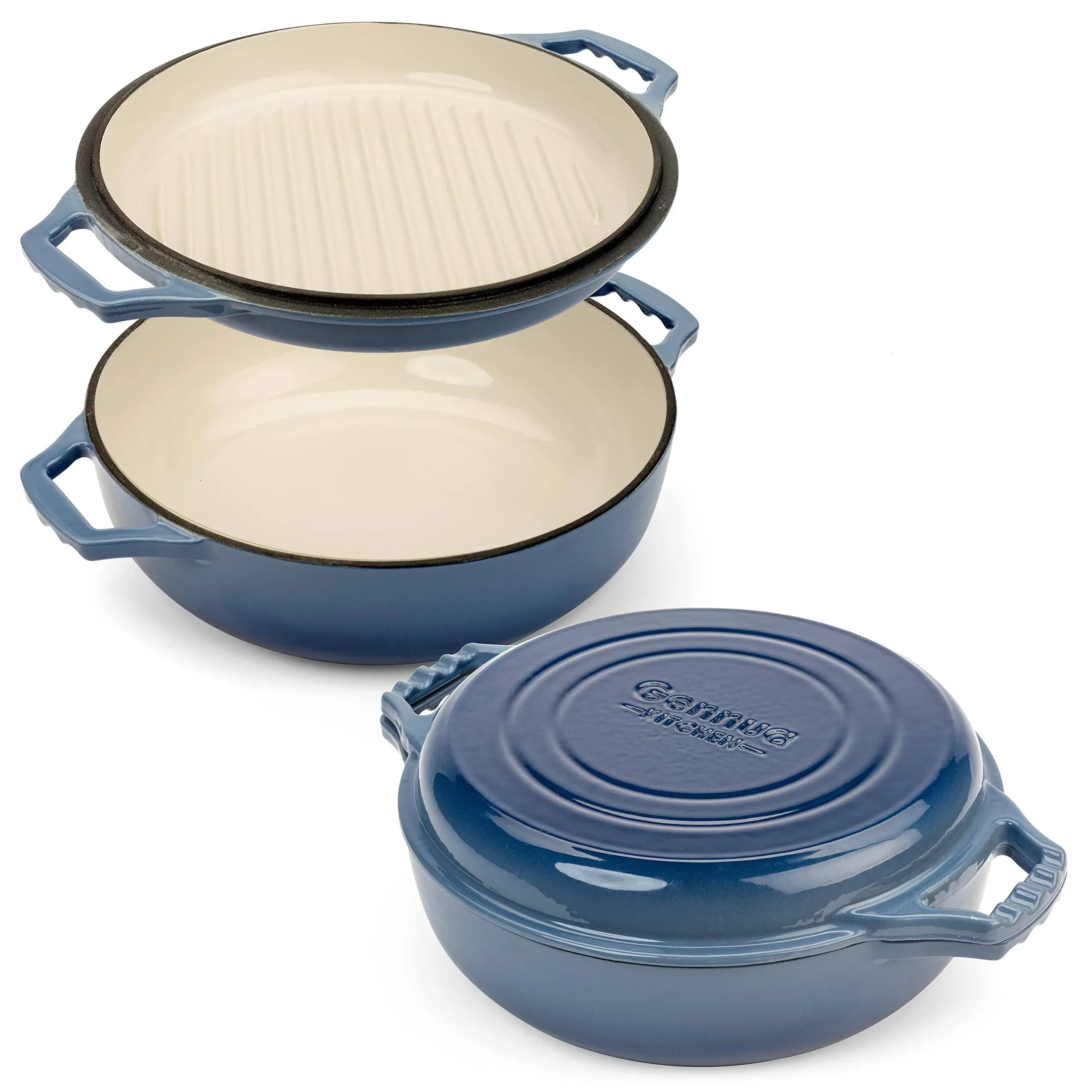 Gennua Kitchen 2-in-1 Enameled Cast Iron Braiser Pan with Grill Lid - 3.3-Quart ...