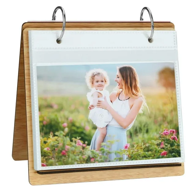 ZEEYUAN 60 Pockets of 4x6 Photo Frame Flip Photo Album on Stand 4x6 Wooden Picture Frames Collection