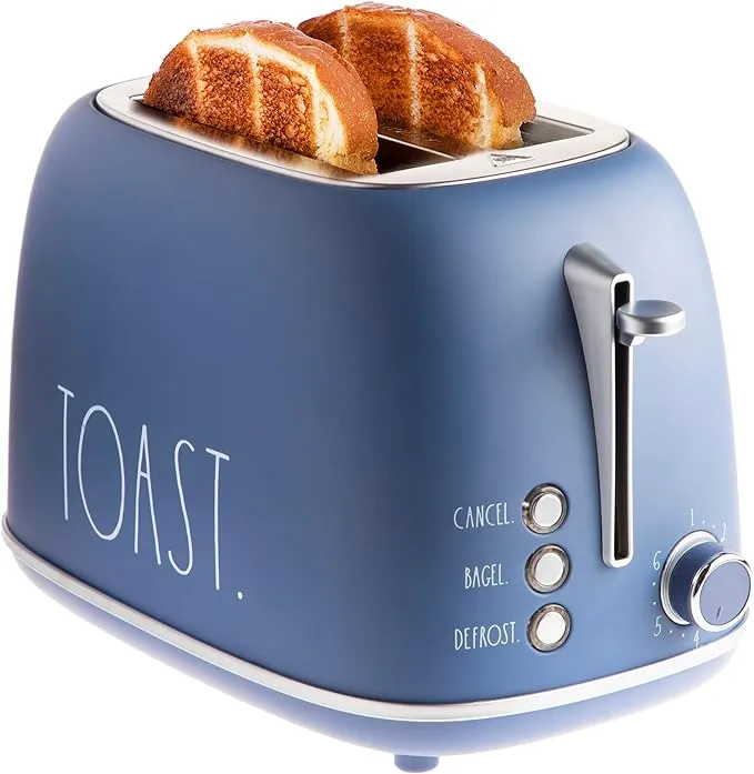 Rae Dunn Retro Rounded Bread Toaster, 2 Slice Stainless Steel Toaster with Removable Crumb Tray, Wide Slot with 6 Browning Levels, Bagel, Defrost and Cancel Options, Navy