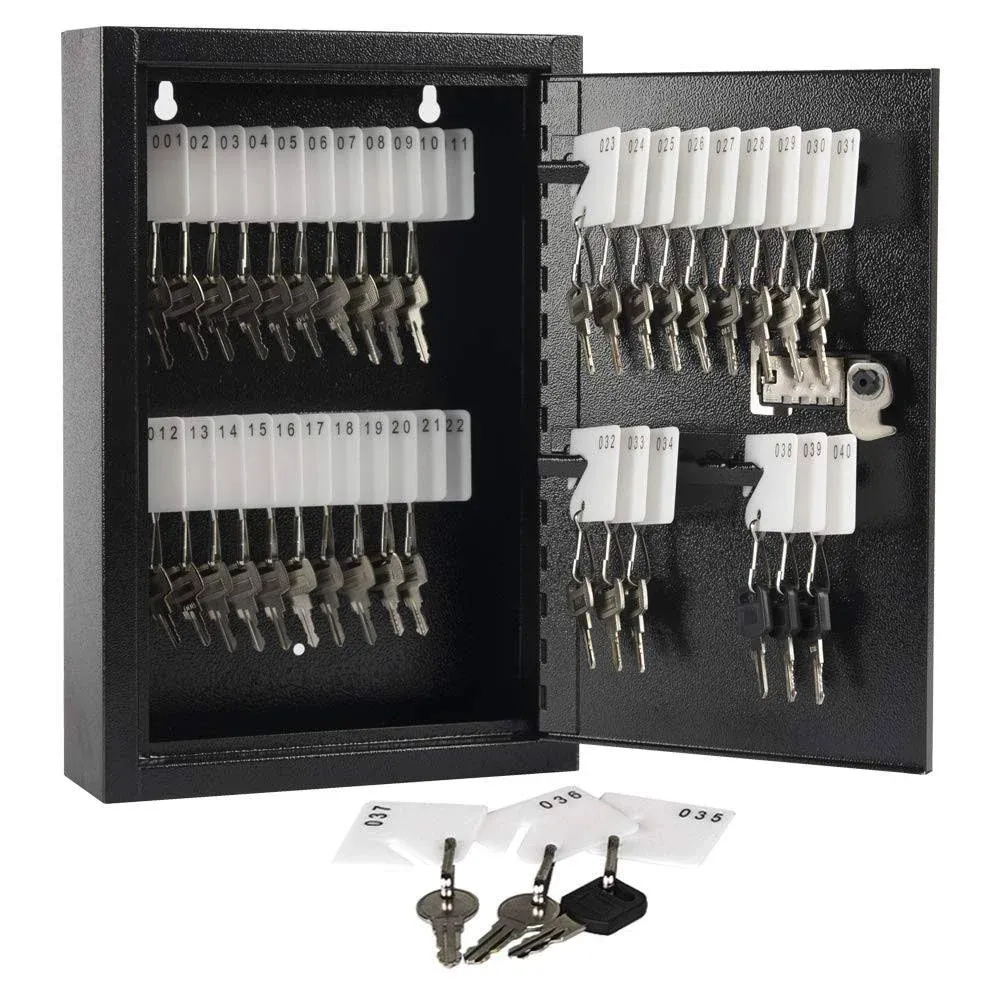 KYODOLED Key Storage Lock Box with Key,Locking Key Cabinet,40 Key Management Wall Mount with Key Lock,Key Hooks & Tags Key Labels,(Black,40 Key)