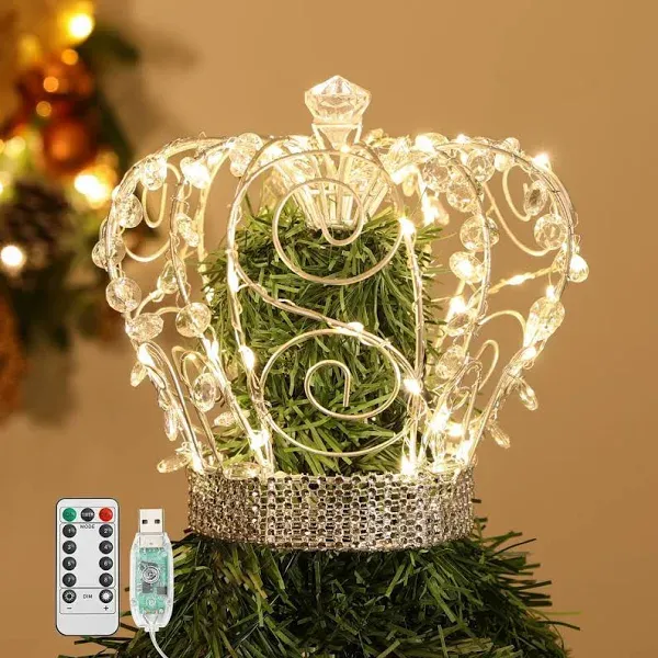 Lewondr Christmas Tree Topper, Metal Frame Tree Topper Crown with 50 Warm Light ...