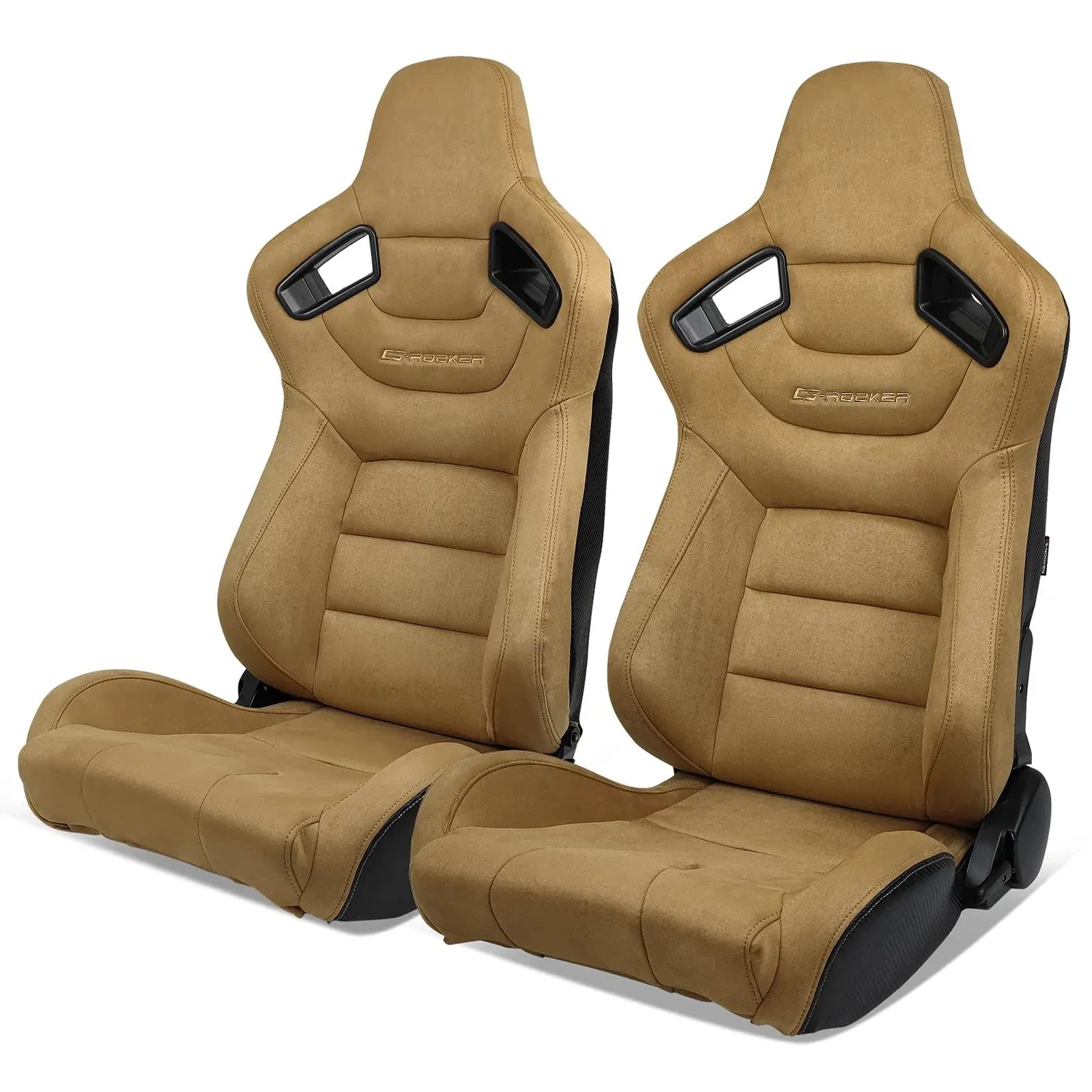 Ikon MOTORSPORTS, Universal Racing SEATS Pair with Dual Sliders, Brown Suede Reclinable Left Driver Side + Right Passenger Side