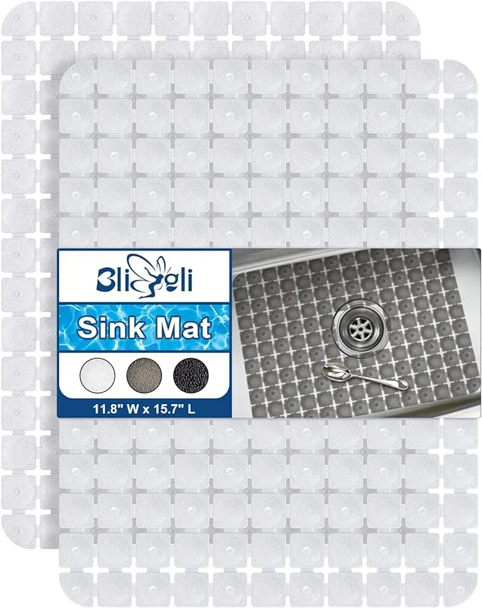 Bligli Sink Mat for Stainless Steel/Ceramic Sinks, 2 Pack 15.7x11.8 inches PVC Sink Protectors for Bottom of Kitchen Sink, Dishes and Glassware drain Mats, Durable and Fast Draining (Transparent)