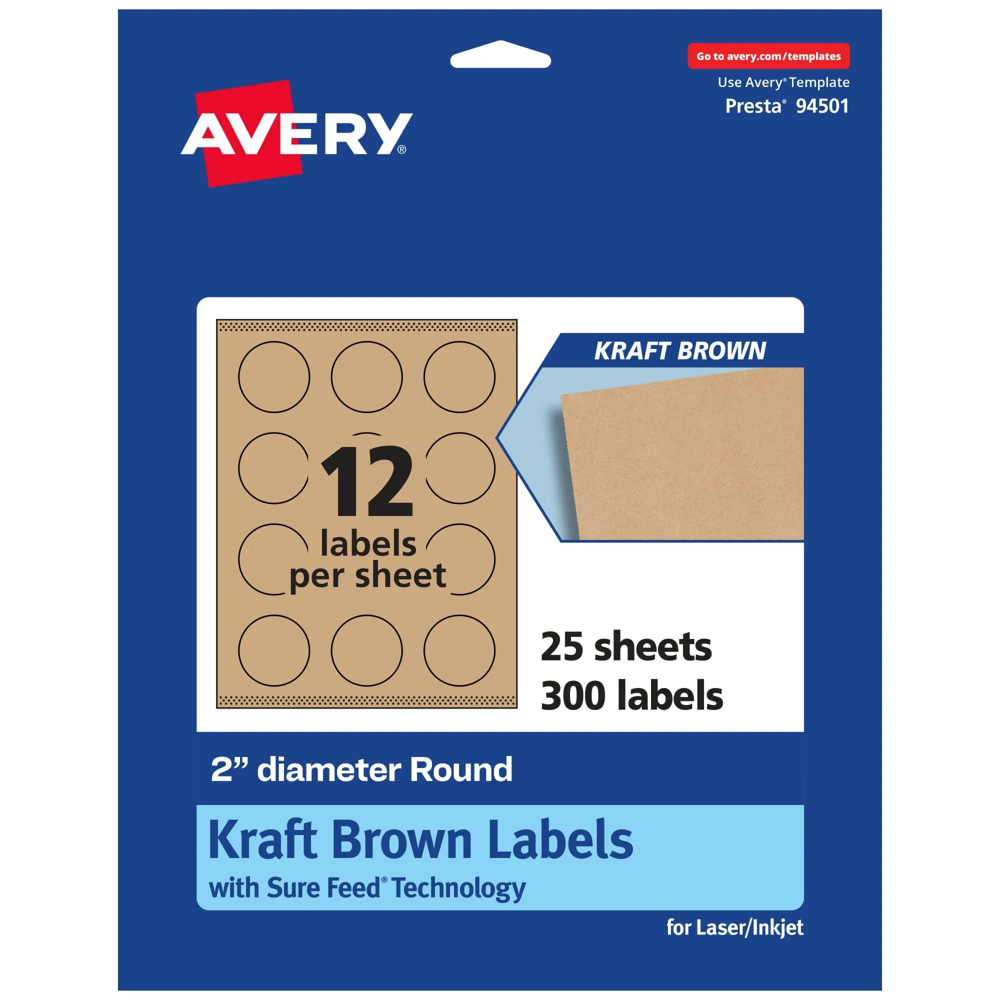 Avery Kraft Brown Round Labels with Sure Feed, 2" Diameter, 300 Kraft Brown Labels, Print-to-The-Edge, Laser/Inkjet Printable Labels