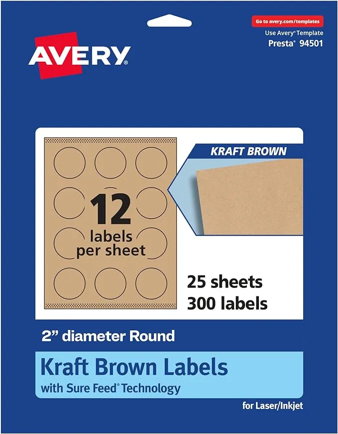 Avery Kraft Brown Round Labels with Sure Feed, 2" Diameter, 300 Kraft Brown Labels, Print-to-The-Edge, Laser/Inkjet Printable Labels