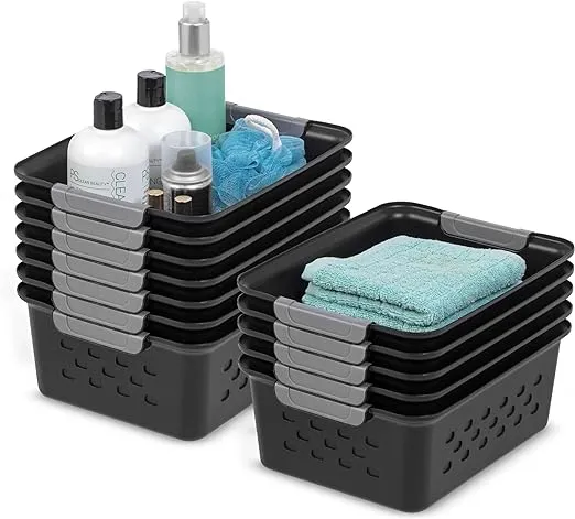 IRIS USA Plastic Storage Basket, 12-Pack, Small, Shelf Basket Storage Organizer for Pantry, Cabinet, Bedroom, Closet, Laundry Room, Black