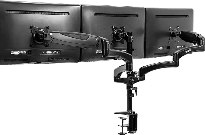 VIVO 17 to 32 inch Triple Pneumatic Monitor Mount, 2 Pneumatic Arms, 1 Fixed, Adjustable Swivel, Rotation, Heavy Duty VESA Desk Stand with C-clamp, Max VESA 100x100, White, STAND-V300GW