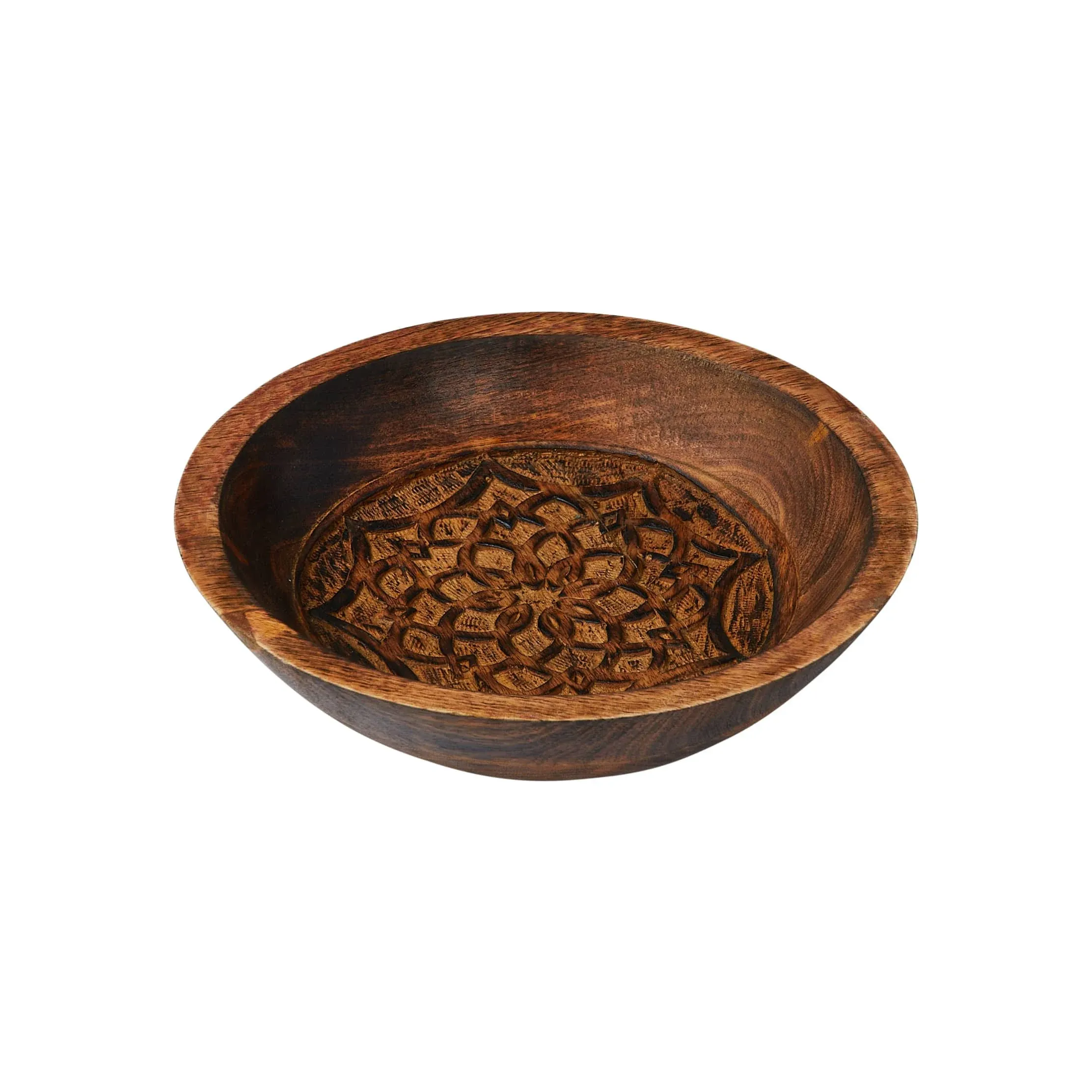 11.5" Natural Boho Carved Wood Bowl with Floral Designs