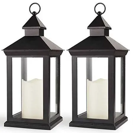 14" Lanterns Decorative Indoor, 2 Pack Black Lantern Decor with Timer Flameless Candle, Vintage Farmhouse Outdoor Lanterns, Waterproof Hanging Lantern for Patio, Porch, Entryway, Centerpieces