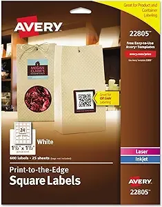 Avery 22805 Square Permanent Labels, 1-1/2-Inch x1-1/2-Inch, 600/PK, WE 