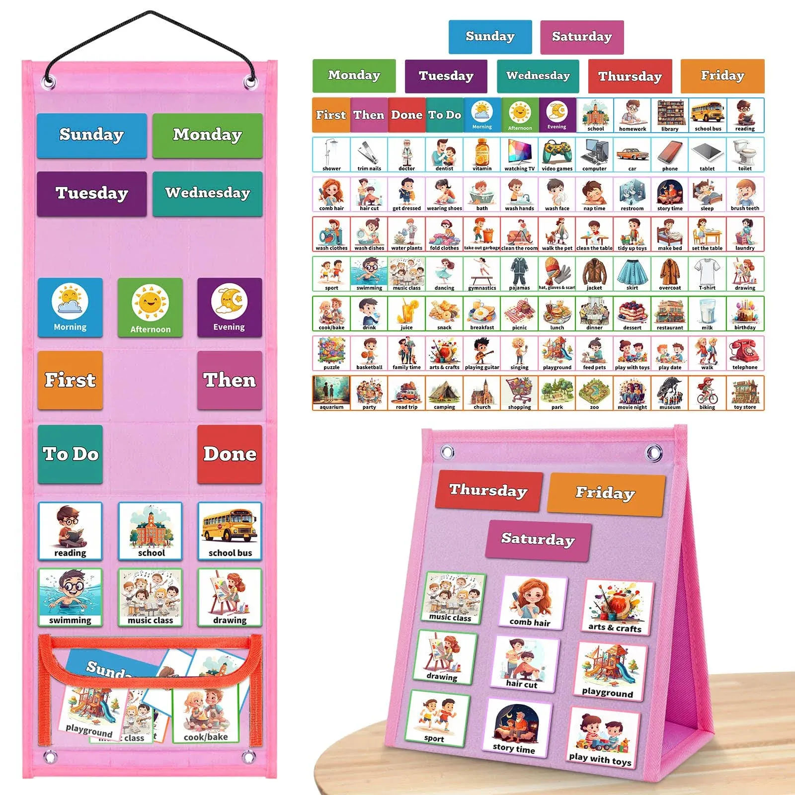 Visual Schedule for Kids Chore Chart，3 in 1 Daily Schedule Board Routine Pocket Chart Cards for Toddlers,Autism Learning Materials Tool Wall Planner for Home School with 103 Cards （Pink）