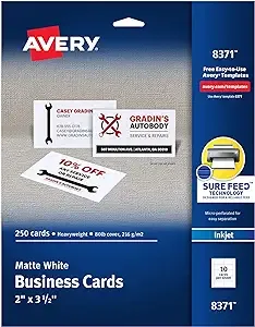 Avery Printable Business Cards, Inkjet Printers, 250 Cards, 2 x 3.5 (8371)