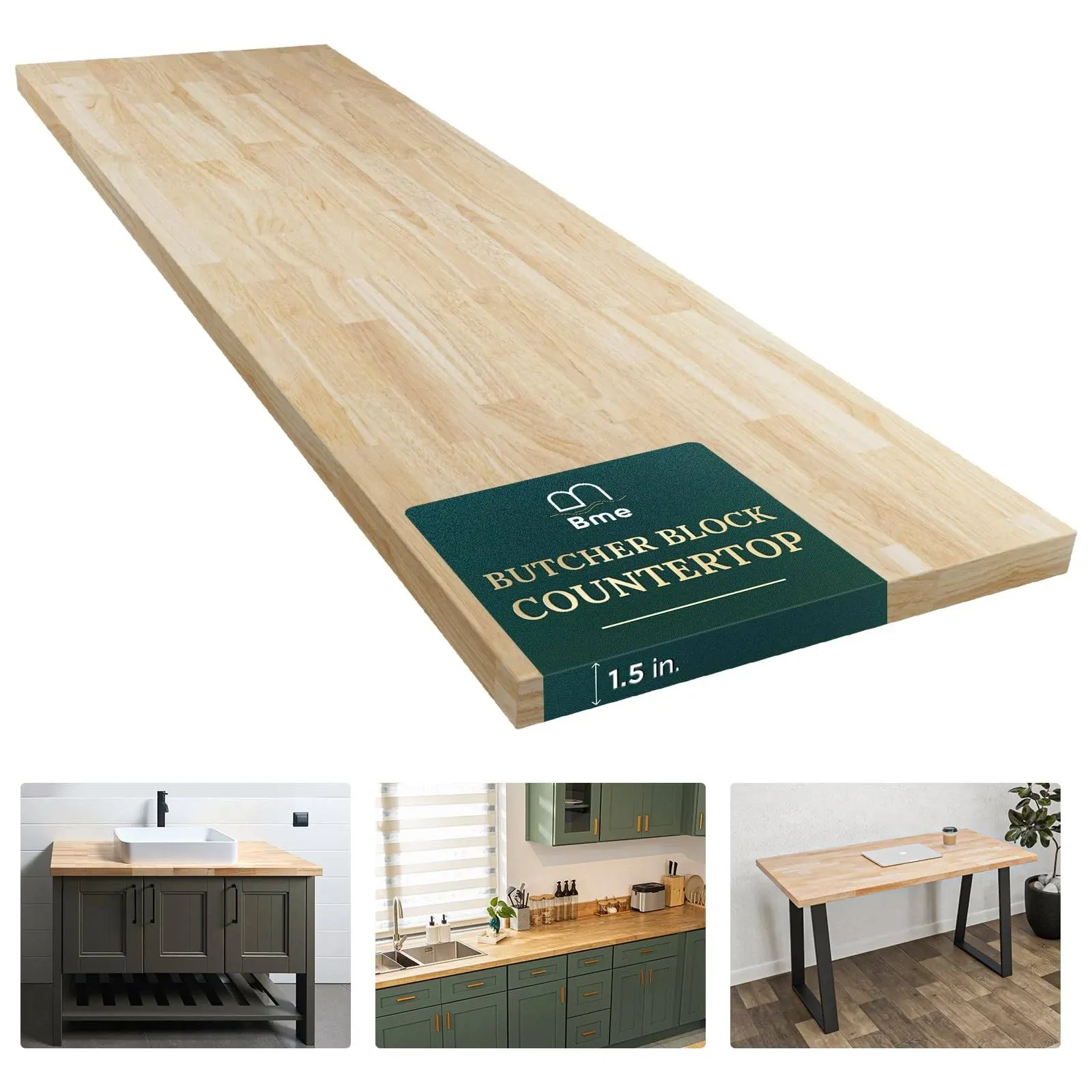 Bme Hevea Solid Wood Butcher Block Countertop, Unfinished Butcher Block Table Top for DIY Washer Dryer/Island/Kitchen Countertop, 6ft L x 25ft W, 1.5