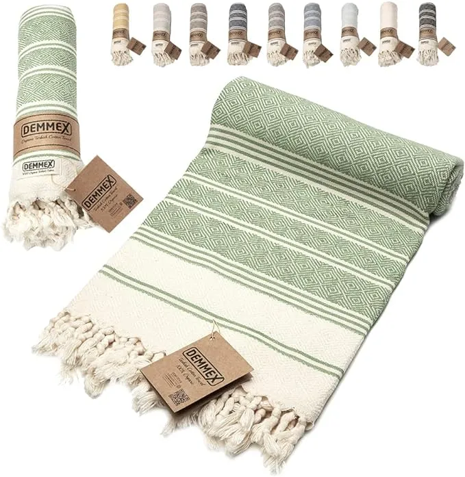 DEMMEX Certified Organic Turkish Cotton Beach and Bath Towel, Peshtemal Towel Blanket, Prewashed, Diamond Weave, 180x90cm (Khaki)