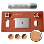 Nordik Cork Leather Desk Mat Cable Organizer - Saddle Brown 35 X 17 inch - Premium Extended Mouse Mat for Home Office Accessories - Non-Slip Vegan Leather Desk Pad Protector & Desk Blotter Pad